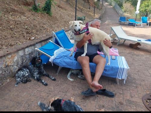 un hombre sentado en una silla con un perro en su regazo en SetterHouseAgriHotel, en Trevi