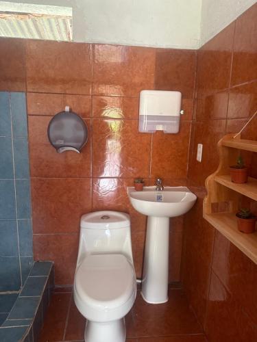 a bathroom with a toilet and a sink at La Casa de Detours Costa Rica in Fortuna
