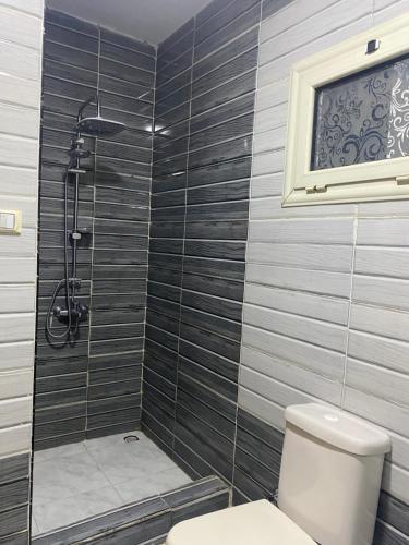 a bathroom with a toilet and a glass shower at Zein Pyramids View - Guest House in Cairo