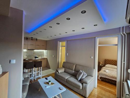 een woonkamer met een bank en een blauw plafond bij Centar Lux Apartman in Novi Sad