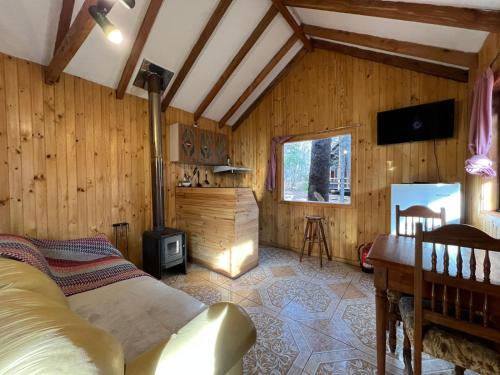 a living room with a bed and a stove at Cabañas Bosque las Trancas in Las Trancas