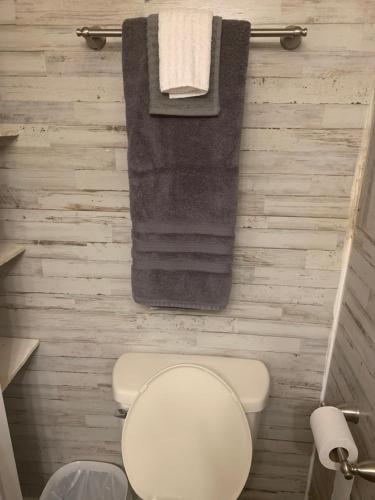 een badkamer met een toilet en handdoeken aan de muur bij WandaBrooks Place in Pine Bluff