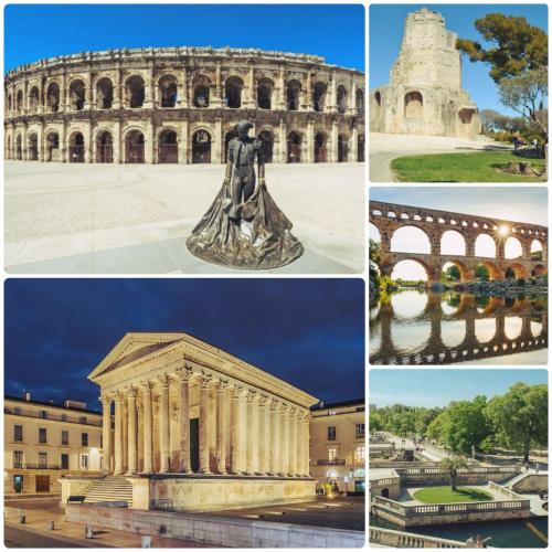 un collage de photos du Colisée et des monuments dans l'établissement AppartCosy Emplacement Idéal avec Terrasse & Parking Privé, à Nîmes