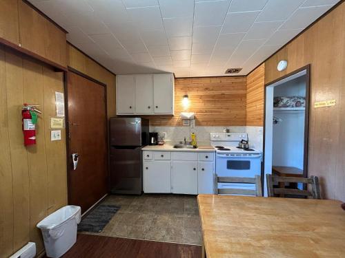 eine Küche mit weißen Schränken und einem blauen Kühlschrank in der Unterkunft Dolphin Motel in Tofino