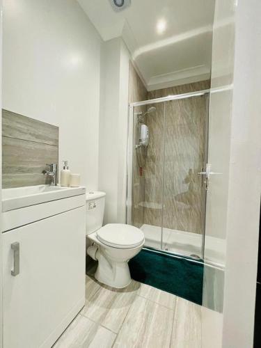 uma casa de banho com um WC e uma cabina de duche em vidro. em Green Lanes em Londres