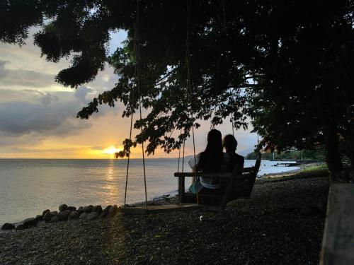 two people sitting on a swing watching the sunset at Hostal La Cascada San Ramón in Mérida