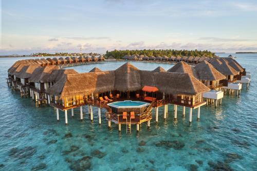 an aerial view of a resort in the water at Sun Siyam Vilu Reef - 24 Hours All-Inclusive with Free Transfer in Dhaalu Atoll
