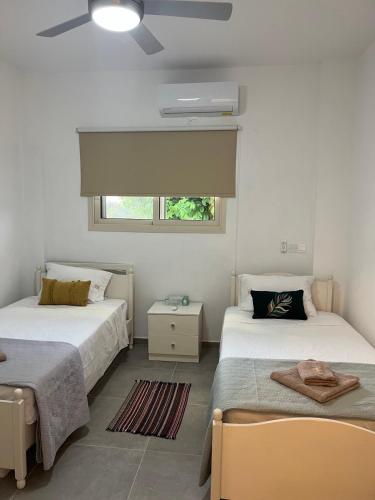 a bedroom with two beds and a window at Walnut Cozy House in Goudhi