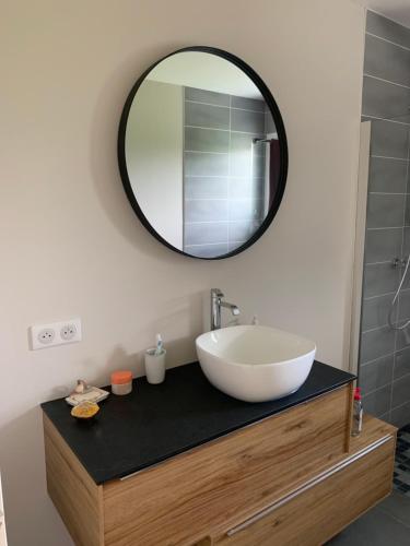 une salle de bain avec un lavabo et un miroir dans l'établissement Chambre moderne 24h du Mans - 10 min du circuit SDB attenante, à Laigné-en-Belin