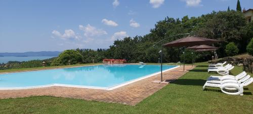 a large swimming pool with chairs and an umbrella at Casale sul Lago Trasimeno in San Feliciano