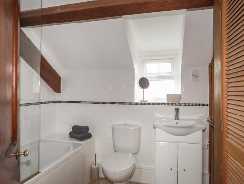 a white bathroom with a toilet and a sink at Bwthyn Derwin Fawr in Dolbenmaen