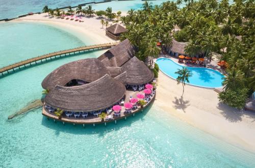 an aerial view of a resort on the water at Sun Siyam Vilu Reef - 24 Hours All-Inclusive with Free Transfer in Dhaalu Atoll