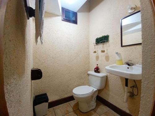 La salle de bains est pourvue de toilettes et d'un lavabo. dans l'établissement Casa Aguacate, à Antigua Guatemala