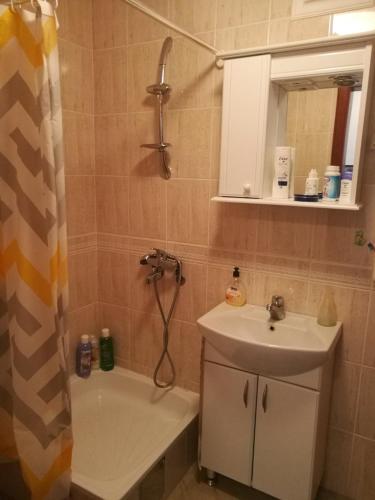 a bathroom with a shower and a sink and a tub at Apartman Suncokret in Vrnjačka Banja