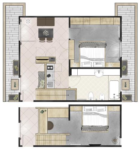 two views of a floor plan of a house at Hotel Die Montafonerin in Vandans