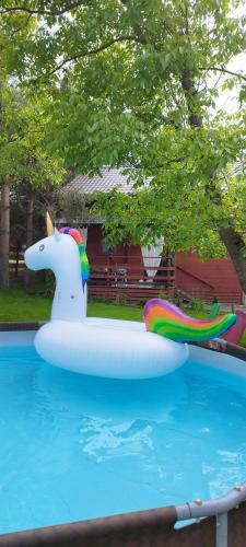 a unicorn float in a pool with a rainbow at Wiejska Sielanka noclegi Ustroń in Ustroń