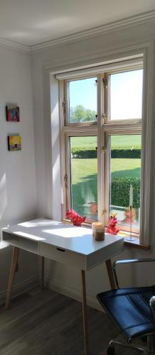a table in a room with a window at Den Hvide Farm in Skanderborg