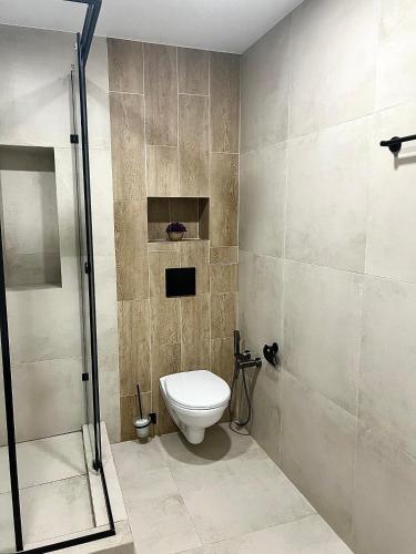 a bathroom with a toilet and a shower at Гостинично-банный комплекс PARADISE in Shchūchīnsk