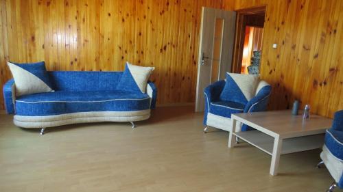 Szczebrzeszyn的住宿－BAŻANT SZCZEBRZESZYN，客厅配有2把蓝色椅子和桌子