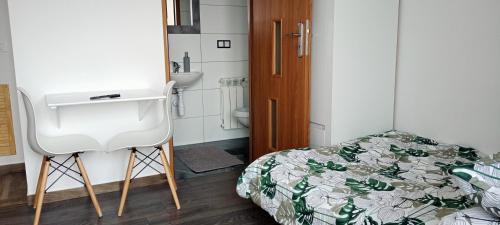 1 dormitorio con cama, silla y lavamanos en Pokoje, en Maniowy