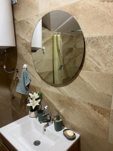 Vista apart Pluzine في بلوزين: حمام مع حوض ومرآة