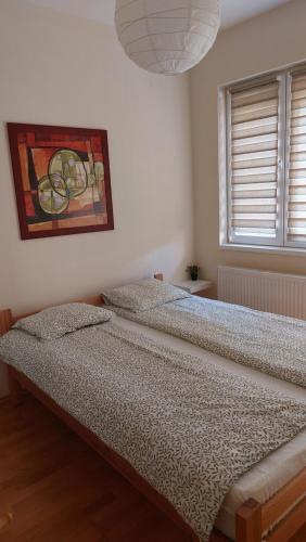 two twin beds in a bedroom with a chandelier at Apartman Ninolić in Jagodina