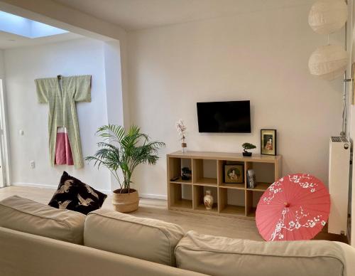 salon z kanapą i telewizorem w obiekcie Bed & Stay Kersenbloesem w mieście Nijswiller