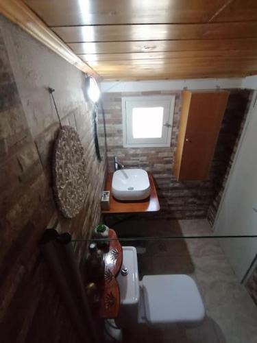 a small bathroom with a sink and a toilet at Vasilis' kalivi in Skiathos