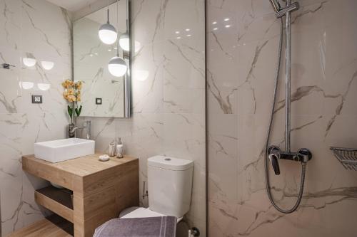 een badkamer met een douche, een toilet en een wastafel bij Addimare Sea View Villa, and Events Venue in Alykes