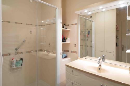 ein Bad mit einer Dusche, einem Waschbecken und einem Spiegel in der Unterkunft Appartement avec terrasse vue mer Trouville sur mer in Trouville-sur-Mer
