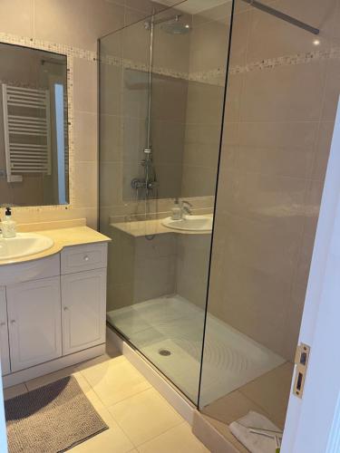 a bathroom with a glass shower and a sink at Seaside condo with pool, Marbella in Estepona
