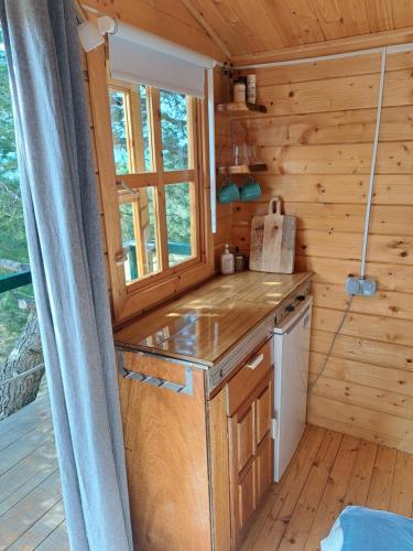 een keuken in een blokhut met een raam bij Paradise kosirina in Murter