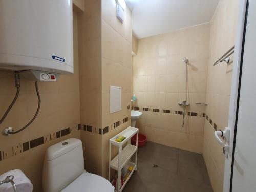 Un baño con inodoro y ducha en Cozy, spacious apartment near Paradise Bay, en Sozopol