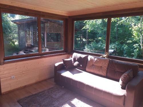 a living room with a couch in front of windows at Pin chalet in Borzont