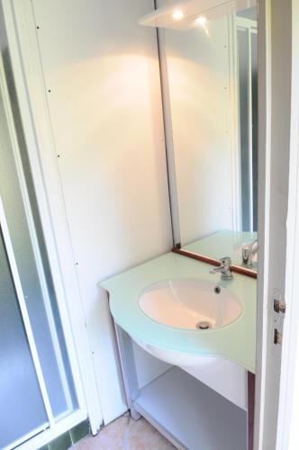 a bathroom with a sink and a mirror at Black Mountain Village in Cuxac-Cabardès