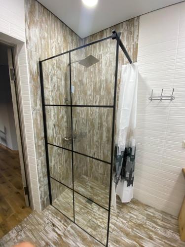 a shower with a glass door in a room at Ехо Природи in Kamianets-Podilskyi