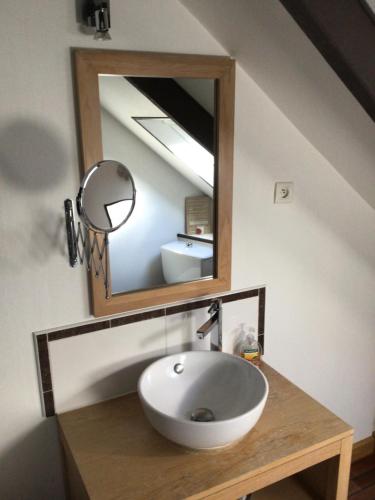 uma casa de banho com um lavatório e um espelho num balcão em Maison en pierre à la campagne proche de la mer em Plourhan