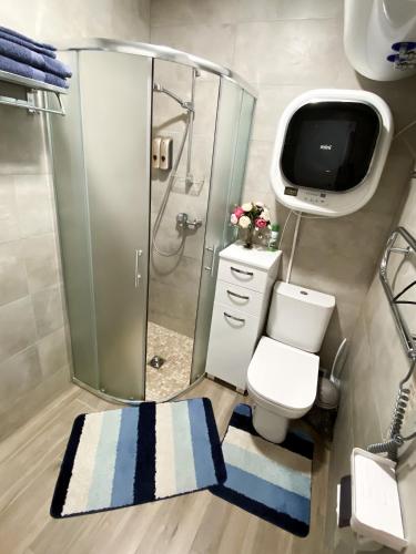 a bathroom with a shower and a toilet and a television at Kitas krantas in Juodkrantė