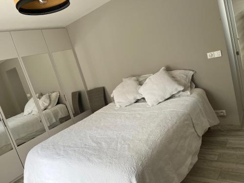 een slaapkamer met een wit bed en een spiegel bij Charme moderne in Le Val-Saint-Germain