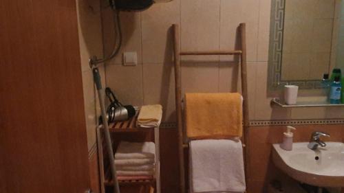 La salle de bains est pourvue d'un sèche-serviettes et d'un lavabo. dans l'établissement Apartment Helios 1, à Lokva Rogoznica