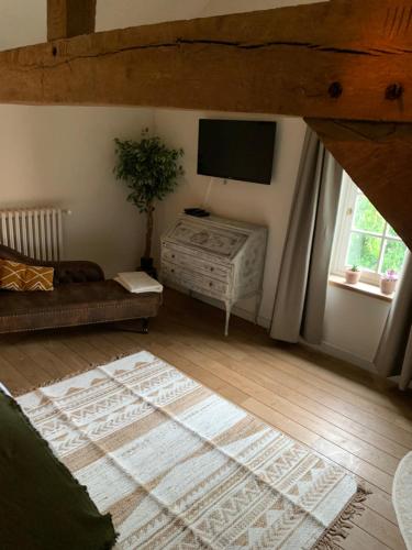 a living room with a flat screen tv and a couch at Hamiora wellness B&B in Deinze