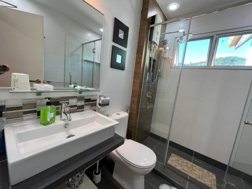 a bathroom with a sink and a toilet and a shower at The Van Gogh Loft 梵高小栈 at Selesa Hillhomes in Bukit Tinggi