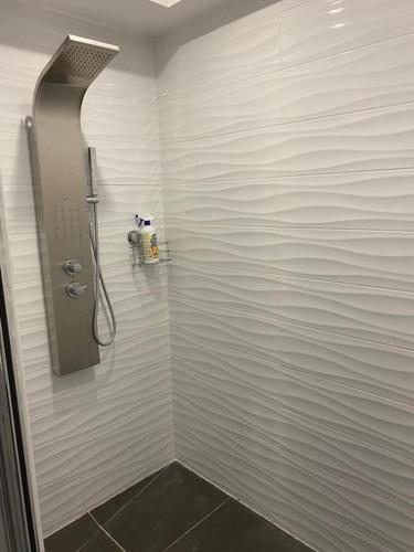 - une cabine de douche dans une salle de bains aux murs blancs dans l'établissement Appartement calme et nature, à Saint-Jean-de-Serres