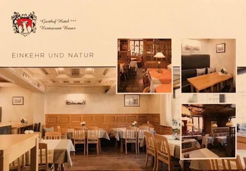 eine Collage mit Fotos eines Restaurants mit Tischen und Stühlen in der Unterkunft Gasthof Hotel Bauer in Hersbruck