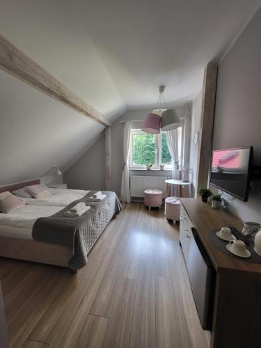 a bedroom with a bed and a desk and a television at Apartamenty Willove Wzgórze in Duszniki Zdrój