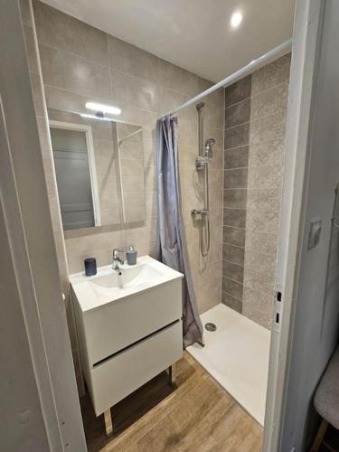 une salle de bain avec un lavabo et une douche dans l'établissement Atlas - Era, à Béziers