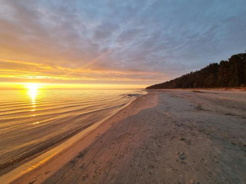a beach with the sun setting over the water at Angren Albatross, SEA & SPA in Ķesterciems