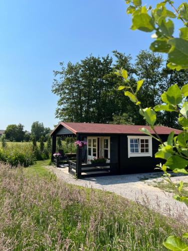 een klein zwart huisje met een rood dak bij Fields 1216 in Zwaanshoek