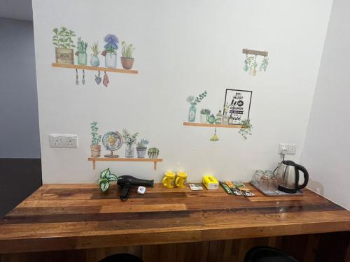 una mesa de madera con un montón de plantas en una pared en sungai ujong home stay, en George Town