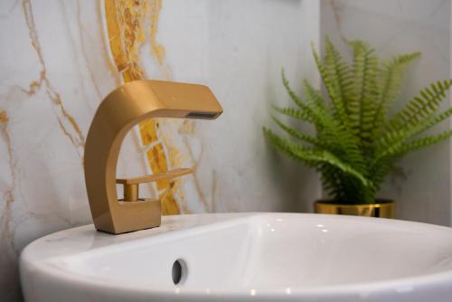 a sink with a gold faucet on top of it at Antonia's Apartments in Archangelos